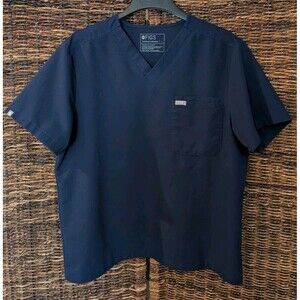 Figs Leon Three Pocket Scrubs Top Sort Sleeve V Neck Tee Shirt Mens Large Blue